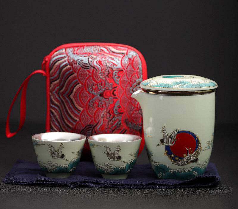 Boutique Tea Set With Travel Bag 999 Sterling Silver Pot Filter Cup Crane Relief