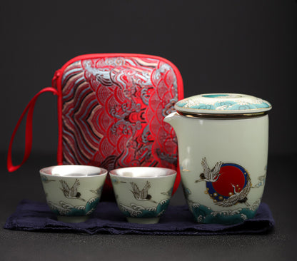 Boutique Tea Set With Travel Bag 999 Sterling Silver Pot Filter Cup Crane Relief