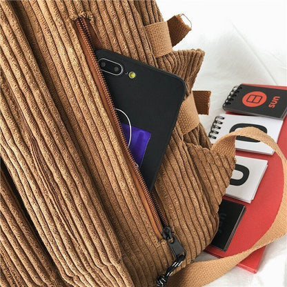 Corduroy Backpack Cartoon Cute School Bag Large Women Corduroy 35-55L Brown/Blue
