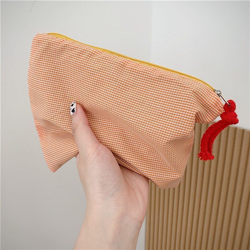 Plaid Cosmetic Bag Cotton Fabric Women Travel Makeup Zipper Pouch Wash Bag 22*17