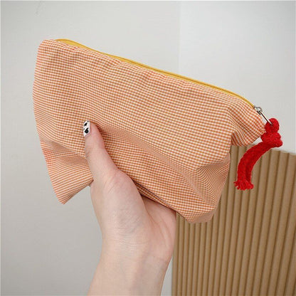Plaid Cosmetic Bag Cotton Fabric Women Travel Makeup Zipper Pouch Wash Bag 22*17