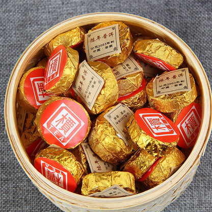 High Quality Puerh Tea Ripe Puer Small Golden Cake Premium Bamboo Basket 500g