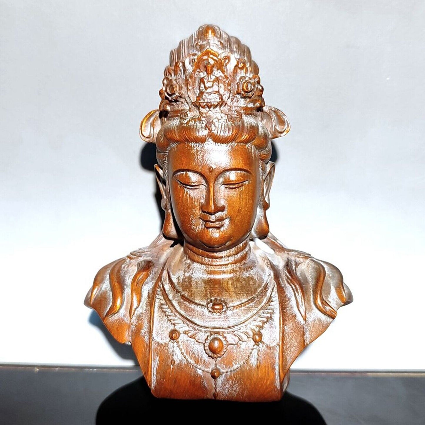 vintage wood wooden carved carving figure kuan yin antique sculpture bust mini