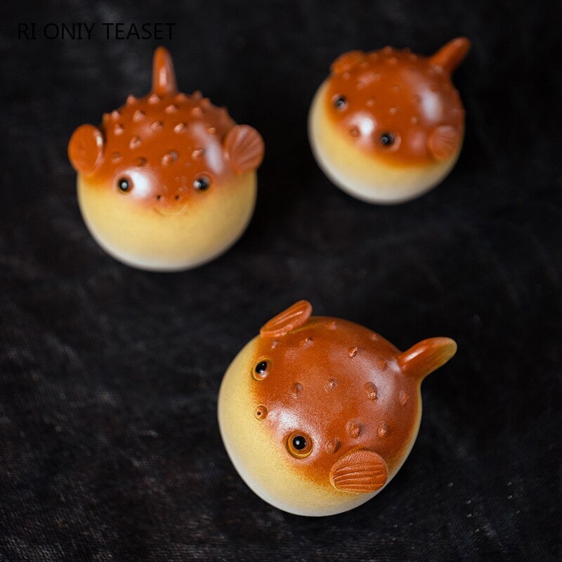 1pc Purple Clay Tea Pet Handmade Pufferfish Statue Ornaments Sculpture Crafts