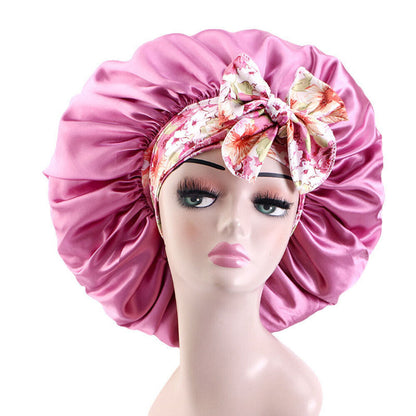Women Large Double Layer Print Satin Bonnet Adjustable Shower Cap Bonnet Hat