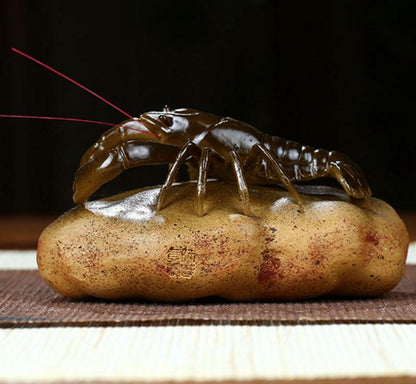 3.9"Chinese Yixing Zisha Pottery Lovable Animal Lobster Stone Tea Pet Statue