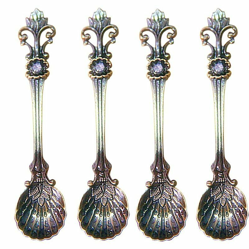 4Pcs/Set 11cm Royal Style Metal Carved Coffee Tea Spoon Vintage Antique Flatware