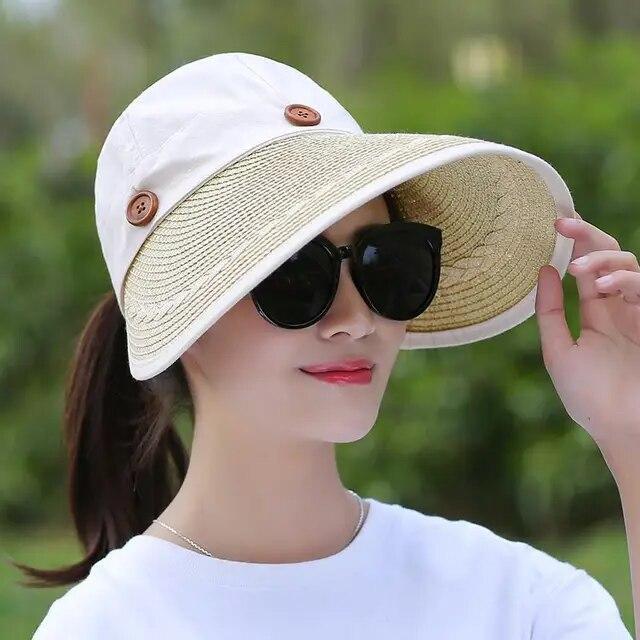 Women Large Brim Floppy Hat Wide Straw Button Caps Summer Beach Sun Visor Hats