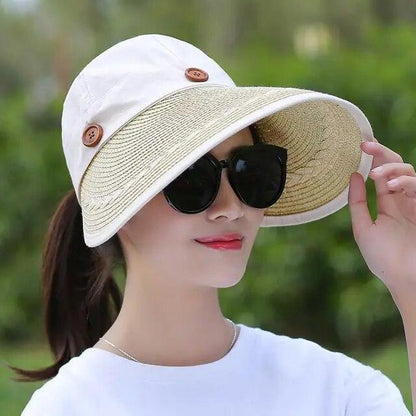 Women Large Brim Floppy Hat Wide Straw Button Caps Summer Beach Sun Visor Hats