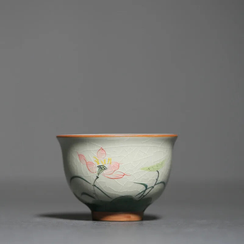 1Pc Chinese Tradition Handmade Ice-cracking Glaze Lotus Pattern Tea Bowl Teacup