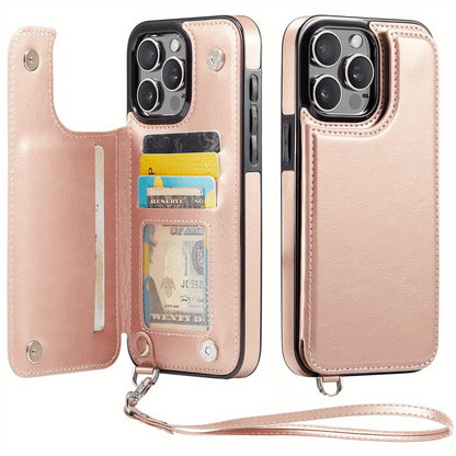 For iPhone 16/15/14/13/12/11 Pro Max Wallet Case with Card Holder Wrist Strap