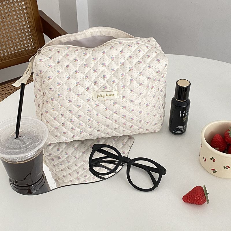 Floral Cotton Diaper Bag Large Cosmetic Bags Makeup Pouch Zipper 24*9*17 Cm Pink