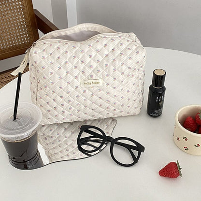 Floral Cotton Diaper Bag Large Cosmetic Bags Makeup Pouch Zipper 24*9*17 Cm Pink