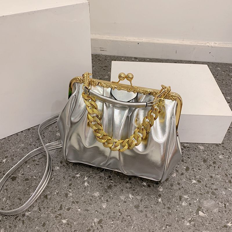 Shoulder Bag Pleated Bag Thick Chain Clip Handbags Satchel Leather Crossbody Bag
