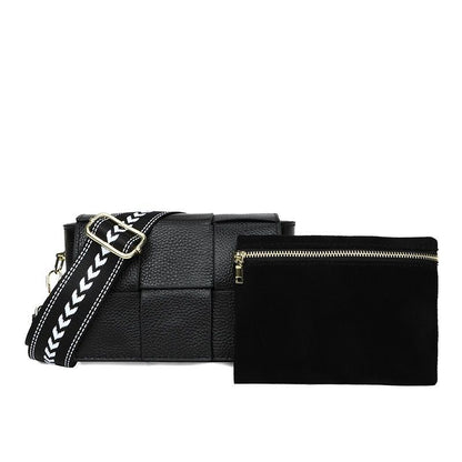Genuine Leather Shoulder Bags Woven Cow Leather Crossbody Bags Wide Straps Purse