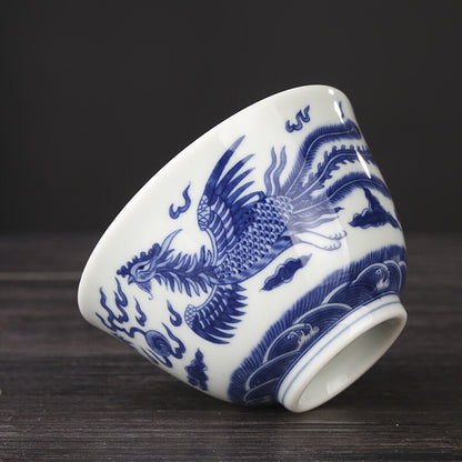 3.1" Chinese Blue-and-white Porcelain Auspicious Animal Dragon Phoenix Cup