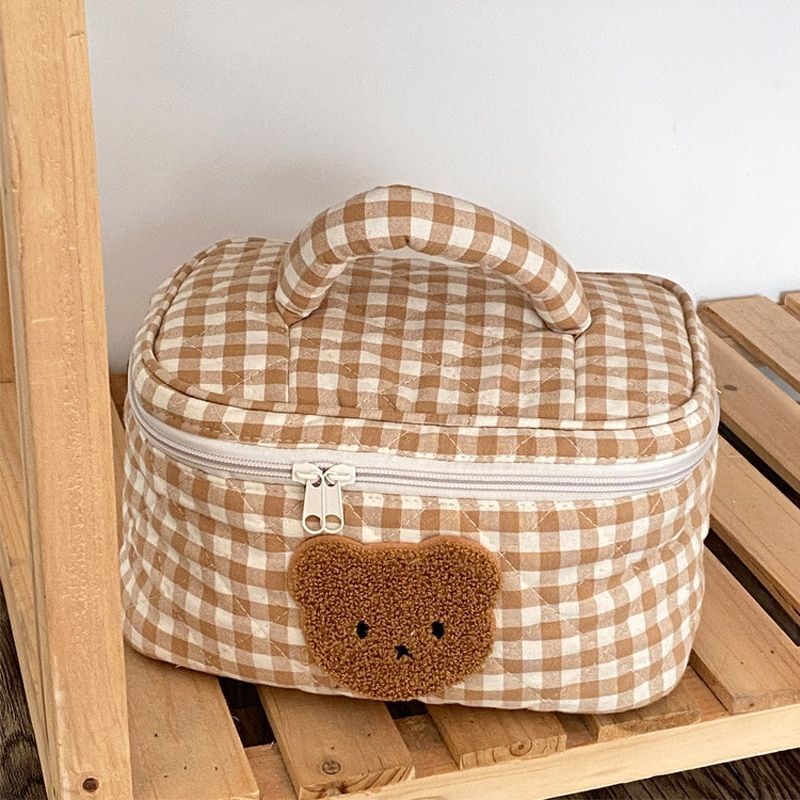 Cute Bear Makeup Bag Large Portable Cosmetic Bags Zipper Cotton Plaid Pouch Case