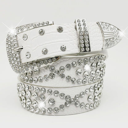 Women Leather Belt Rhinestone Fashion Men Casual Bling Jeans Waistband 110x3.3cm