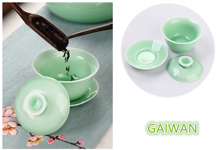 Longquan Porcelain Gaiwan Chinese Green Solid Color Tureen Handpainted Floral