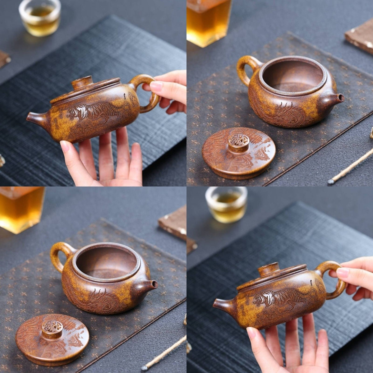 Yixing Zisha Teapot Dragon Tiger Carved Longgu Jinsa Clay 300ml Tea Pot