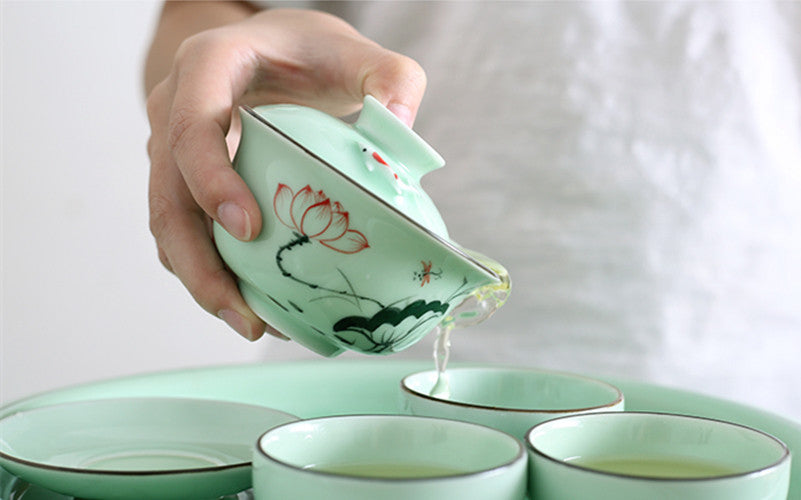 Longquan Celadon Porcelain Gaiwan Ceramic Fish Relief Handpainted Tureen Saucer