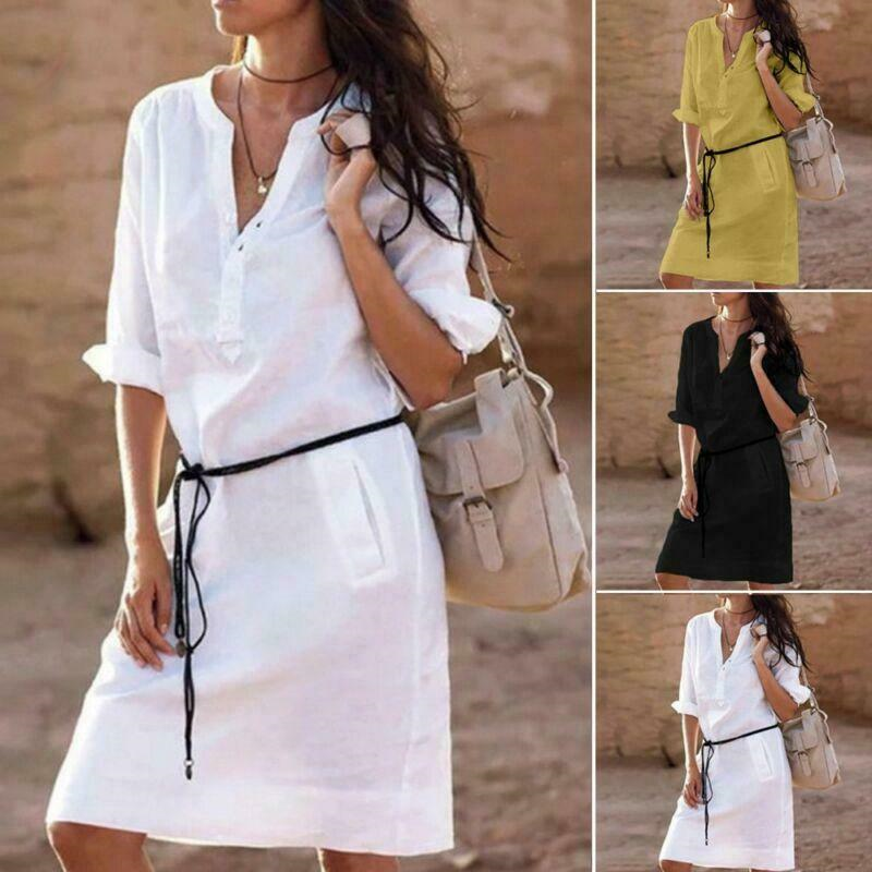 Sexy Lady Button Long Tops Tunic Linen Boho Ladies Casual Beach Shirt Dress New