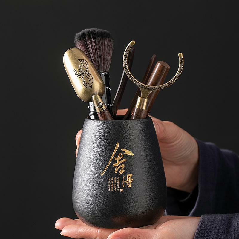 Classical Chadao Tea Accessories 6pcs Porcelain Vase Ebony Wood Cup Holder Spoon