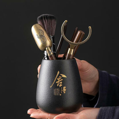 Classical Chadao Tea Accessories 6pcs Porcelain Vase Ebony Wood Cup Holder Spoon