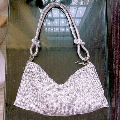 Silver Rhinestones Handbag Glitter Bags Knotted Purses Shining Strap 34*16*1 CM