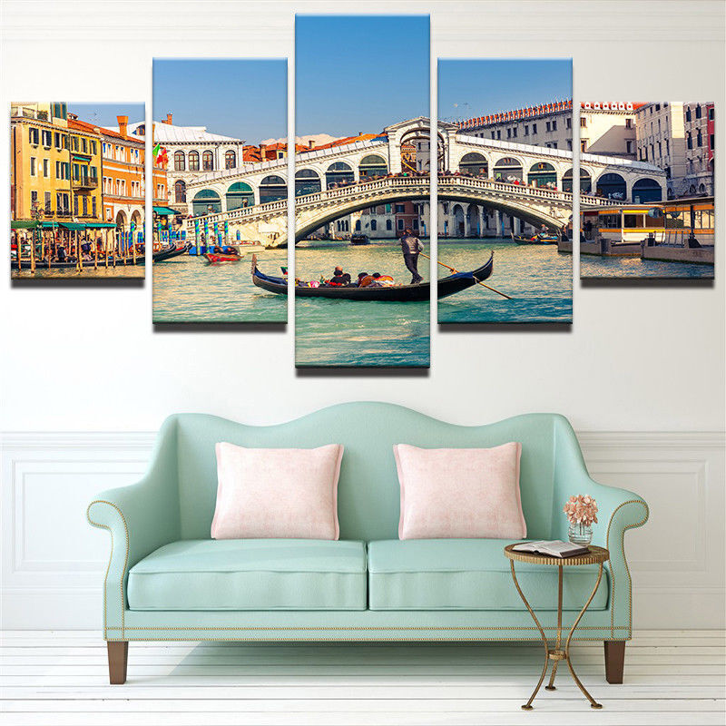 Water City Venice Bridge Canal Boat Canvas Print Painting Wall Art Home Decor 5P