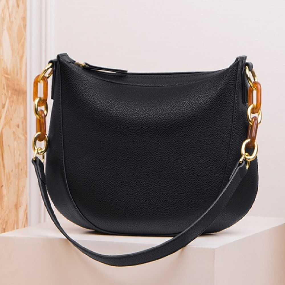 Cow Leather Shoulder Bag Handbag Elegant Black Purse 29*10*19CM Adjustable Strap