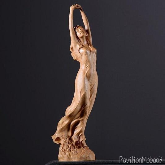 9" Cypress Wood Hand Carved Girl Statue Beauty Figurine Model Body Decor