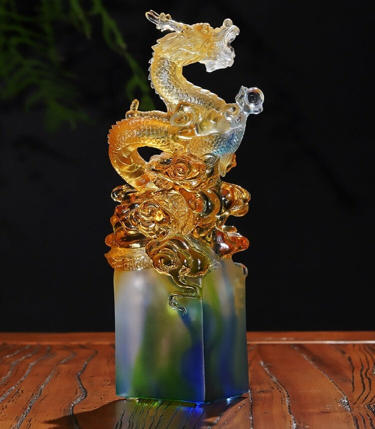 Office Decor Liu Li Crystal Chinese Dragon Stamp Statue