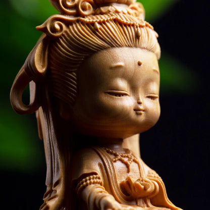 New Woodcarving Guanyin Cartoon Statue Hand Carving Solid Wood Buddhist Statue