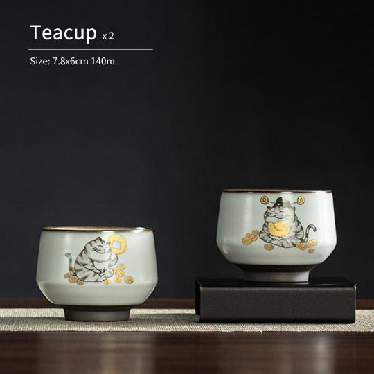 Ruyao Ceramic Teacup Set of 2 Cups Lovely Cat Chinese Kung Fu Tea Cup 140ml
