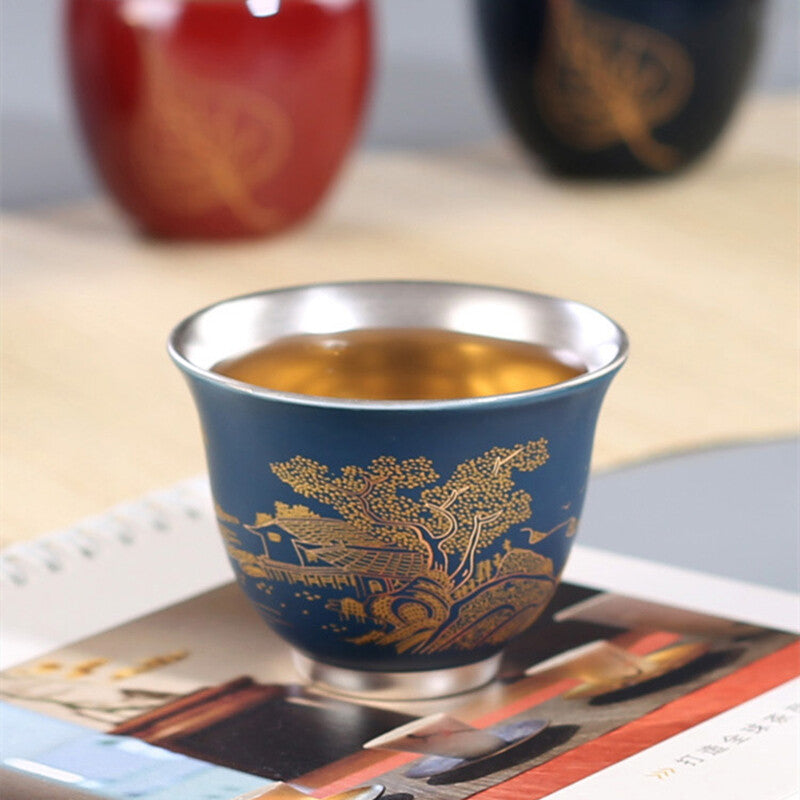 999 Sterling Silver Cup Mountain Relief Handmade Porcelain Tea Cup 50ml Glaze
