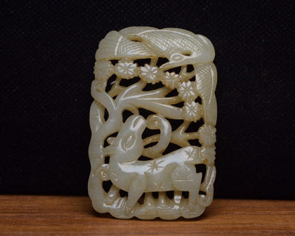 Chinese Hetian Jade Carved Deer Crane Statue Unique Wonderful Artwork Collection