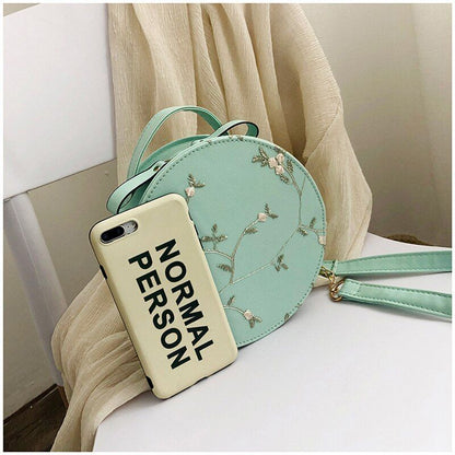 Small Flower Print Chain Shoulder Bag Lace Round Handbags Leather Crossbody Bags