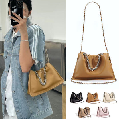 Ruched Real Leather Clutch Purse Pouch Tote Shoulder Bag Crossbody w/ Chains