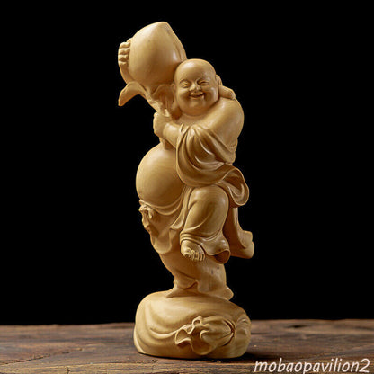 China Natural Boxwood Carved Maitreya Buddha Peach Statue Buddhism Decor Collect