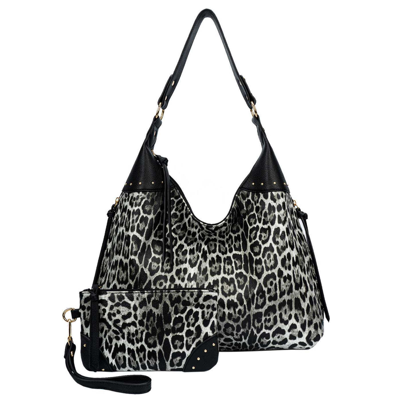 Leopard Black Women Concealed Carry Handbag Studs Hobo Shoulder Bag W/ Purse