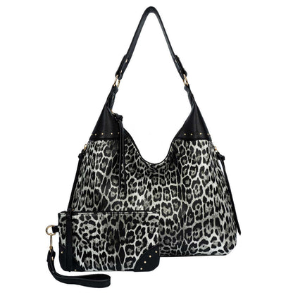 Leopard Black Women Concealed Carry Handbag Studs Hobo Shoulder Bag W/ Purse