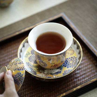 Complete Tea Set Color Enamel Porcelain Gaiwan Matching Pitcher Tea Cup Crane