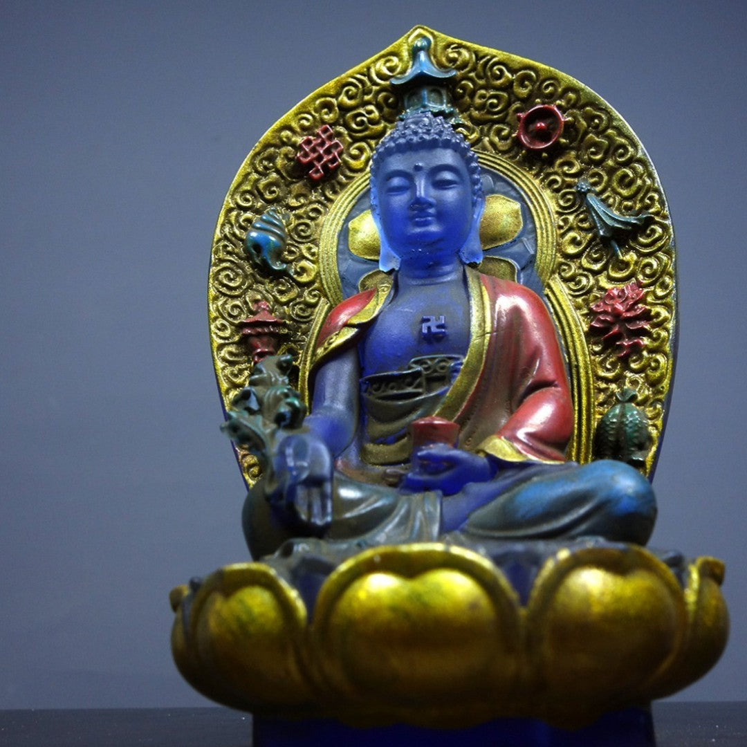 Vintage Old Liuli Medicine Buddha, Hand-Painted Gilded, 13.5cm, Qianlong Mark