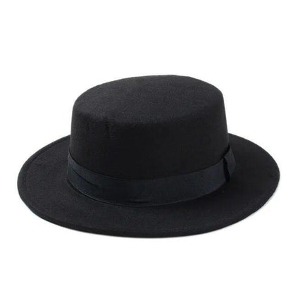 Flat Top Hat Wool Pork Pie Boater Fashion for Men Women Wide Brim Gambler Hat