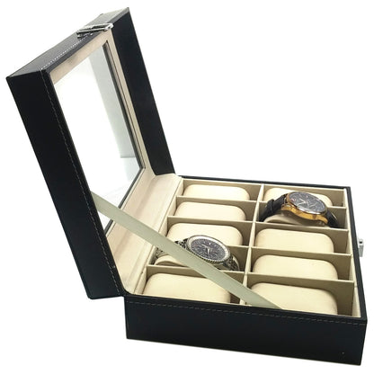 10 Slot Watch Box with Glass Top - Black Faux Leather Display Case Organizer