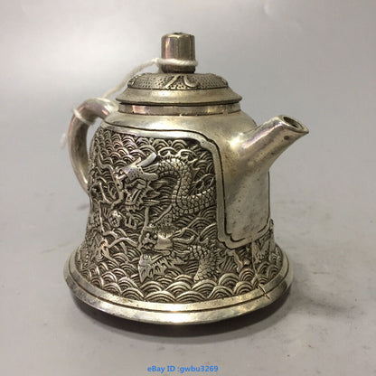Asian Chinese Old Tibet Silver Hand-carved Dragon Teapot