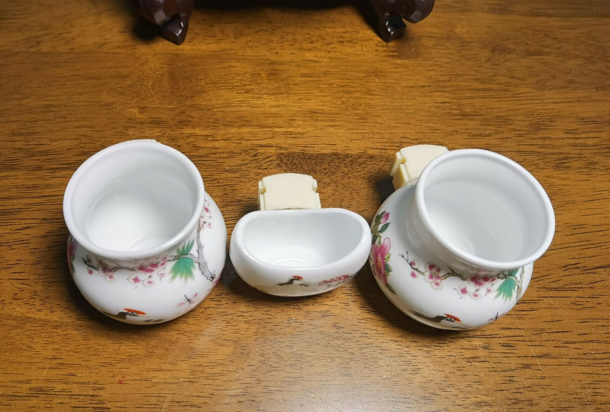 1set 3pcs New Asian Bamboo Bird Cage Red-crowned Crane Food Ceramics Cups 鸟食杯