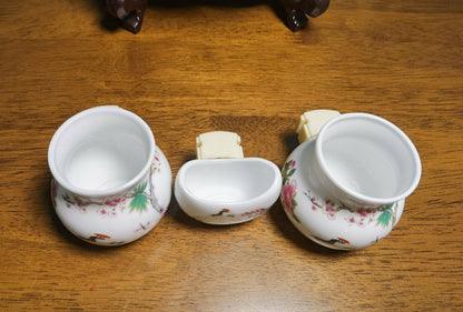 1set 3pcs New Asian Bamboo Bird Cage Red-crowned Crane Food Ceramics Cups 鸟食杯