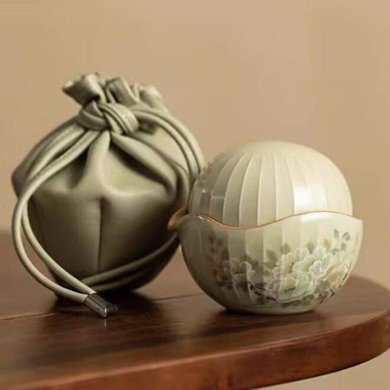 Ceramic Tea Set Portable Bag Travelling Tea Pot Matching Cup Ruyao Crackle Glaze
